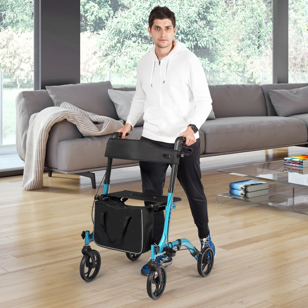 Girello leggero e compatto con sedile maniglia borsa per anziani e adulti, Deambulatore pieghevole in alluminio Blu-Sedie per doccia