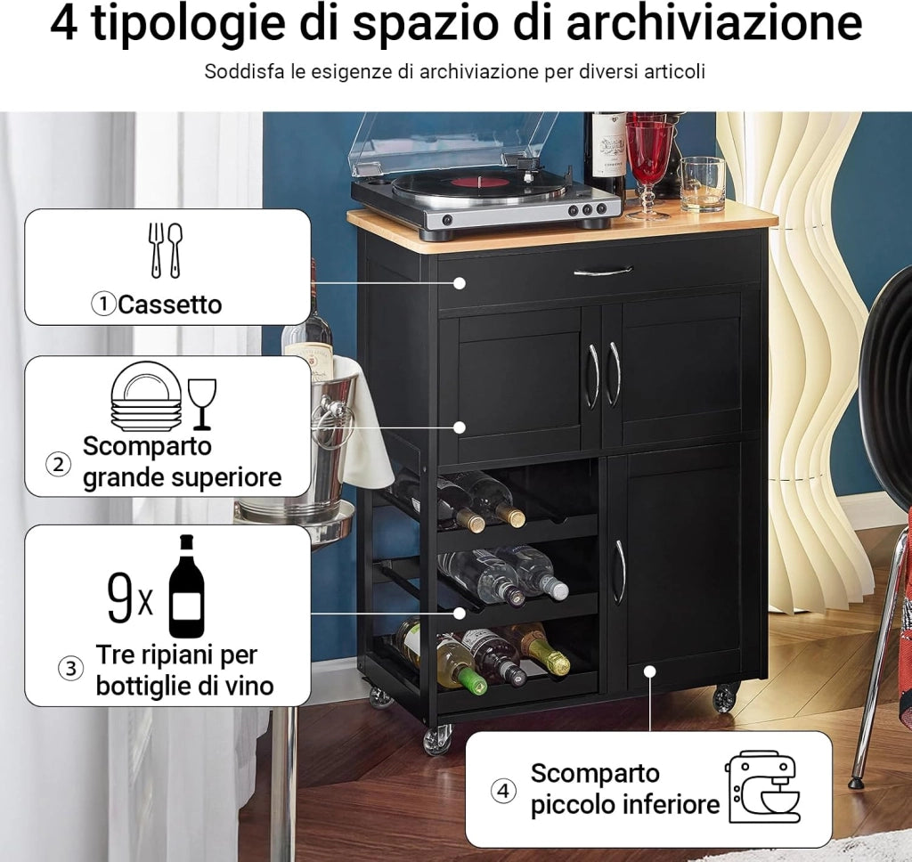 Mobile Cucina Salvaspazio con Ruote Carrello Cucina con Cassetti e Portabottiglie, Mobiletto Credenza credenza cucina per Cucina o Sala da Pranzo, Nero 67x38x86cm FKW45-SCH