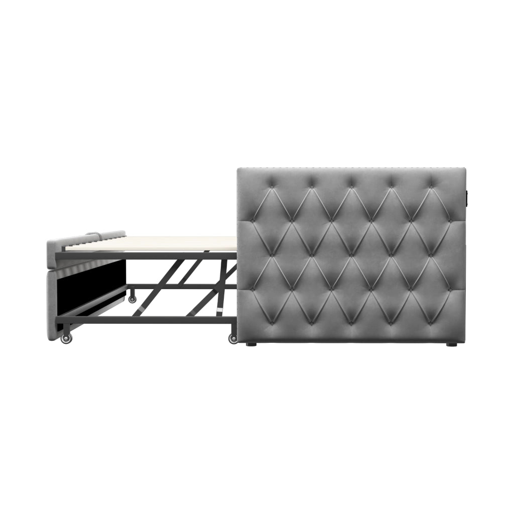 Letto estraibile singolo 90×200 cm e 90×190 cm con rete; senza materasso; velluto grigio chiaro