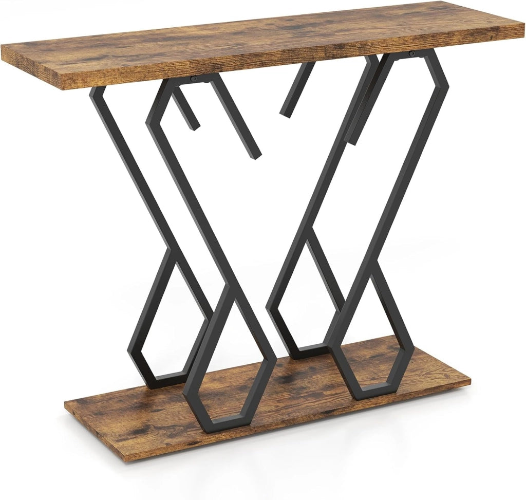 Tavolo Console di ingresso 2 livelli, 100 x 30 x 79 cm, struttura in metallo a forma di farfalla, ripiano inferiore, tavolino ausiliario per soggiorno, corridoio, corridoio (marrone)