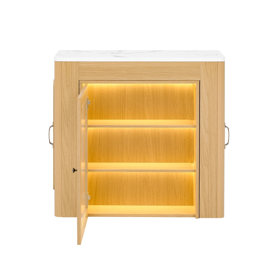 Tavolo allungabile con tre piani; LED e presa USB Type-C in MDF e vetro; naturale