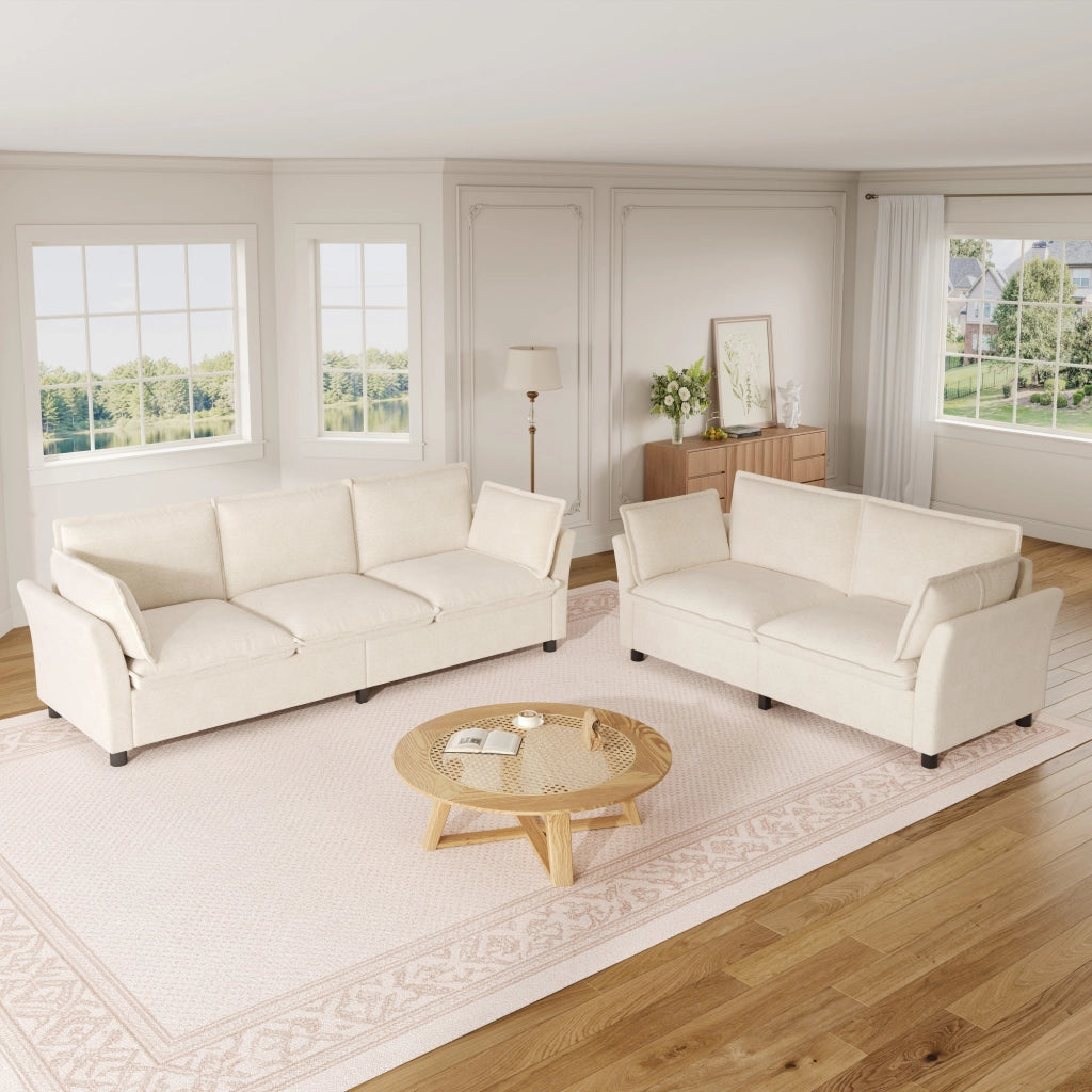 Divano modulare 3 e 2 posti in chenille con seduta ampia e cuscini per braccioli per soggiorno e lounge beige