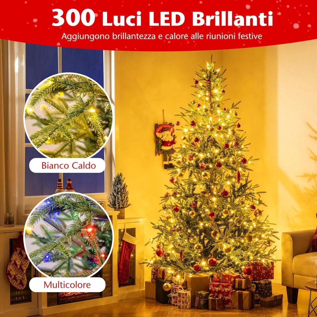 Albero di Natale Artificiale Pre-illuminato 210 cm, Albero di Natale con 300 Luci LED Calde e Multicolori, 11 Modalità, 678 Rami PVC e PE, Base Metallica Pieghevole (210 cm)