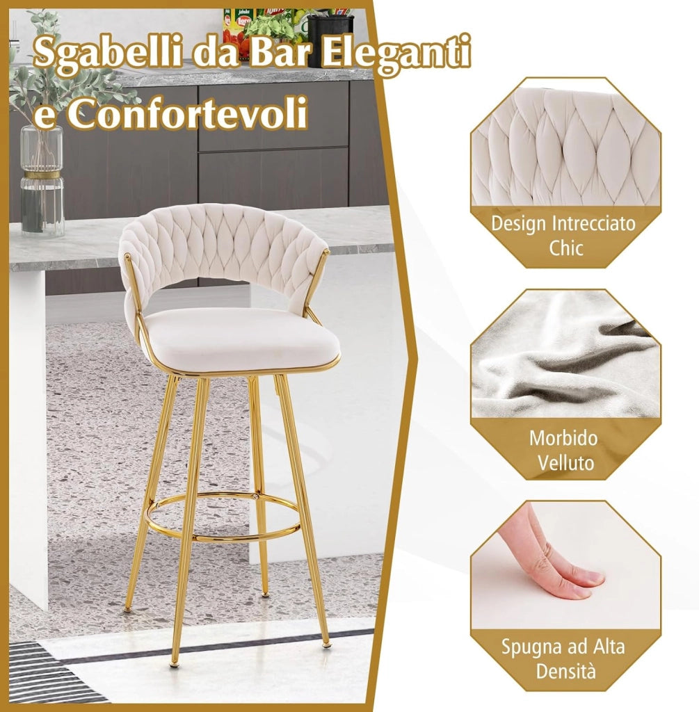 Set di 2 Sgabelli Bar in Velluto, Sgabello Bar di 73 cm con Schienale Intrecciato e Gambe in Metallo, con Schienale e Piedini Regolabili, per Cucina, Sala da Pranzo, Portata 200 kg(Bianco)