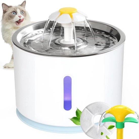 Fonte d'acqua automatica per cani e gatti 2,4 litri - Piatto di servizio in acciaio inossidabile - Illuminazione LED - Filtro a carbone attivo - Blu