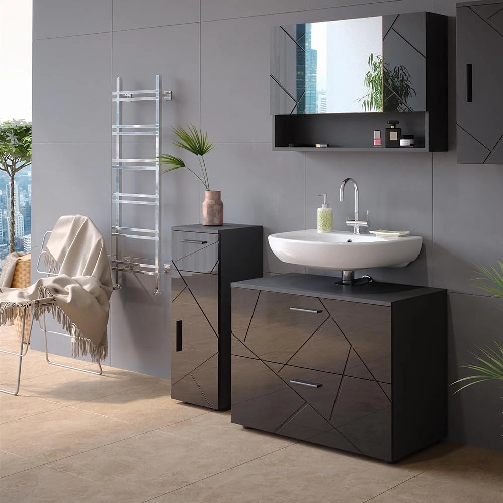 Mobiletto bagno Irma, Antracite lucido, 30 x 81 cm, per la conservazione in bagno, abbinabile alla serie Irma