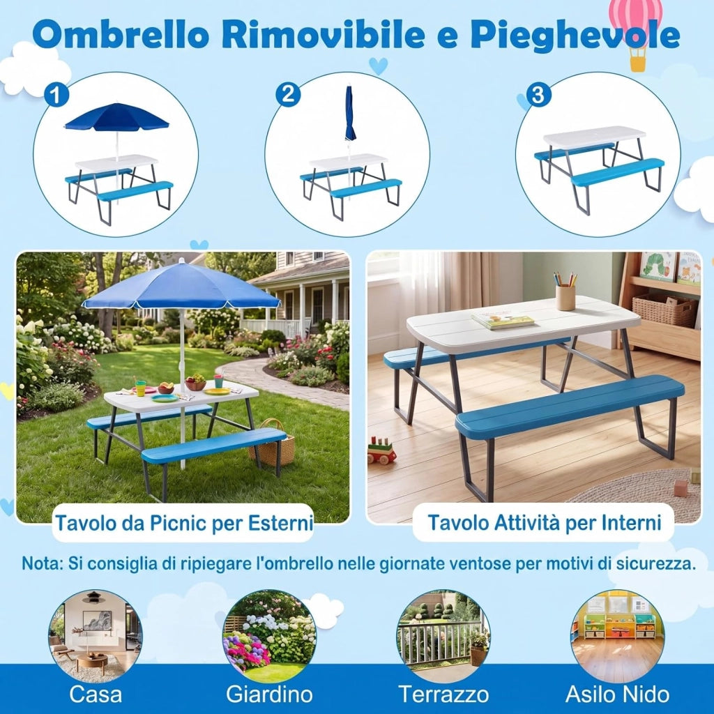 Tavolo da Picnic per Bambini, Set Tavolo e Panche da Giardino con Ombrellone Regolabile in Altezza, Struttura in Metallo e Borsa per Campeggio e Picnic per Bambini 3-8 Anni