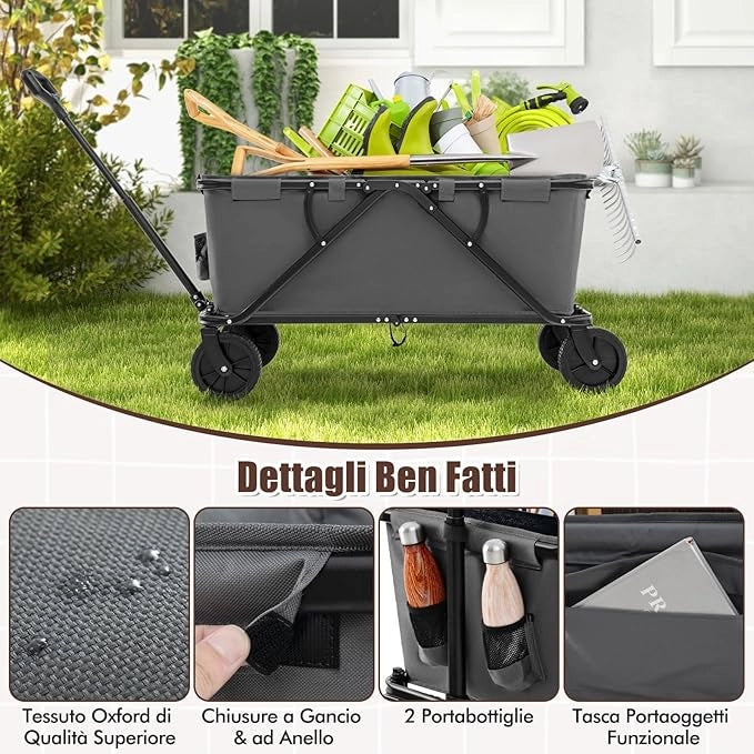 Carrello da Spiaggia Pieghevole, Carrello da Campeggio con Maniglia Regolabile e 360Â° Ruote, Portabottiglie e Tasca Portaoggetti, 170L, per Campeggio, Spiaggia e Giardino (Grigio)
