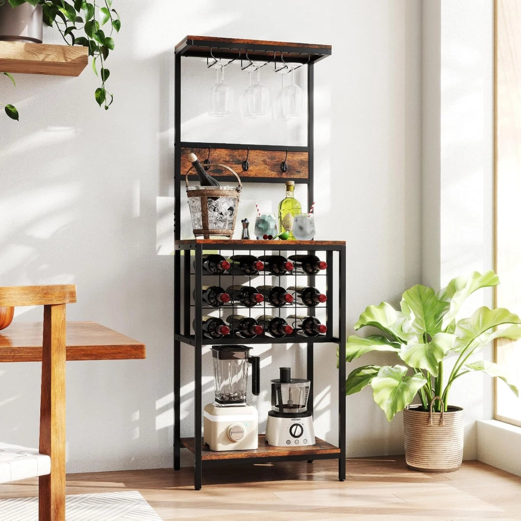 Scaffale da cucina con portabottiglie per 12 bottiglie, 3 ganci doppi e portabicchieri, 54 x 37 x 156 cm, organizer per sala da pranzo bar