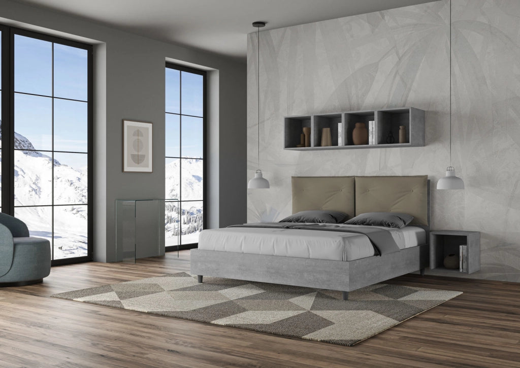 Letto Matrimoniale 160x200 cm Senza Rete Struttura Cemento con Cuscini in Similpelle Egos Appia Cappuccino