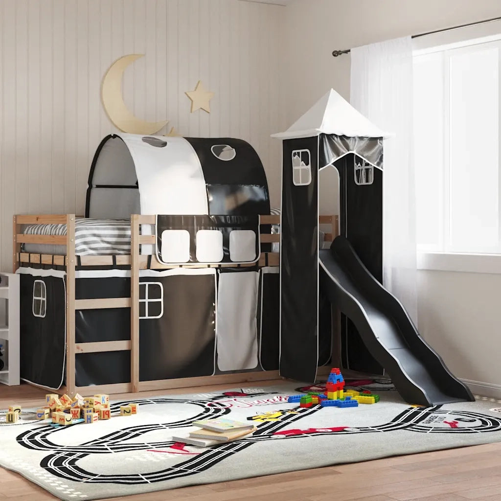 vidaXL Letto a Castello con Scivolo e Tende Bianco e Nero 80x200 cm