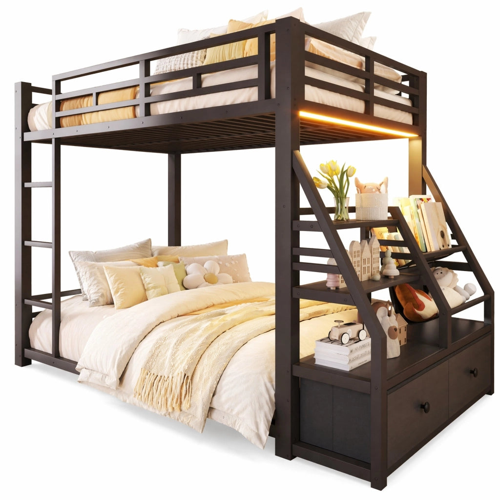 LETTO A CASTELLO 90x200 cm in metallo e legno, nero, con LED e 2 cassetti in tessuto
