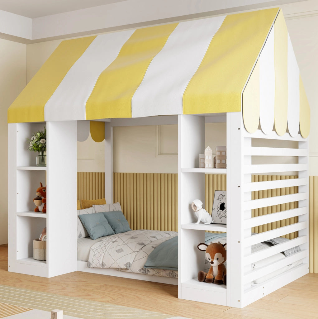Letto per bambini in stile cottage con baldacchino e vani portaoggetti aperti 90x200 cm; bianco