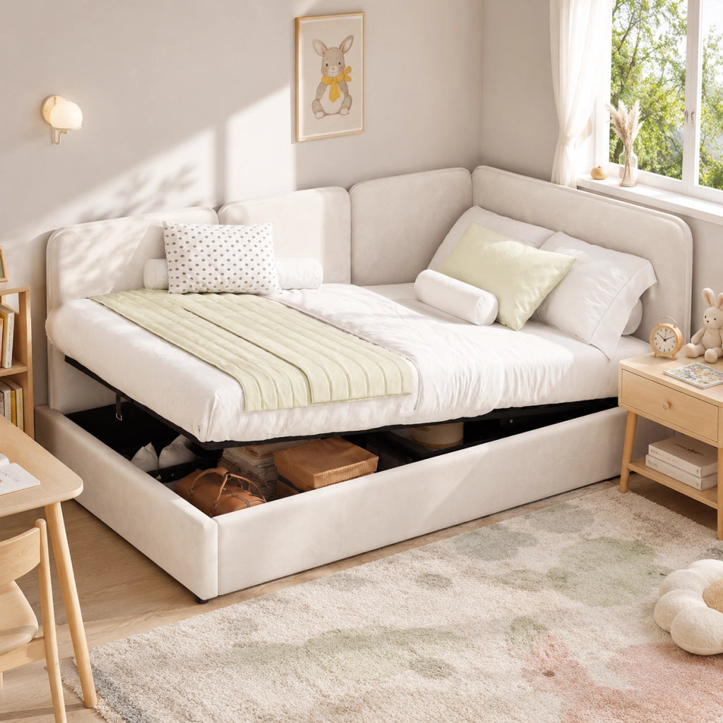 Letto a Divanetto 90x200 cm; Letto Singolo - Contenitore idraulico; lato reversibile - in Velluto - Beige