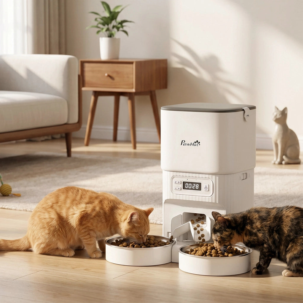 Dispenser automatico cibo per gatti con timer e 2 ciotole acciaio inox ¨C Minimal ¨C Grigio