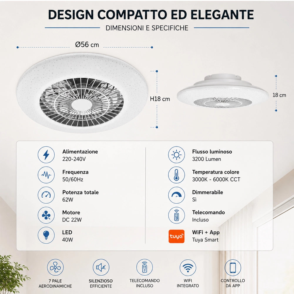 Ventilatore da Soffitto con Luce Led Dimmerabile Diametro 56cm 62W 7 Pale