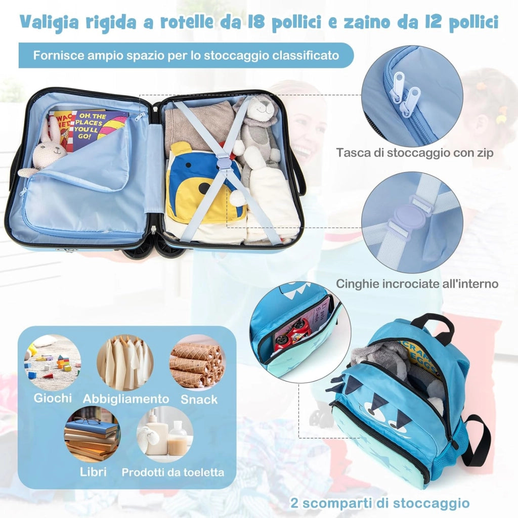 Valigia Cavalcabile per Bambini, 18" Valigia+ 12" Zaino,2 Pezzi, Trolley Bambini Bagaglio a Mano con Ruote Girevoli e Maniglia Retrattile, 2 Cingie Multiuso (Modello 8)