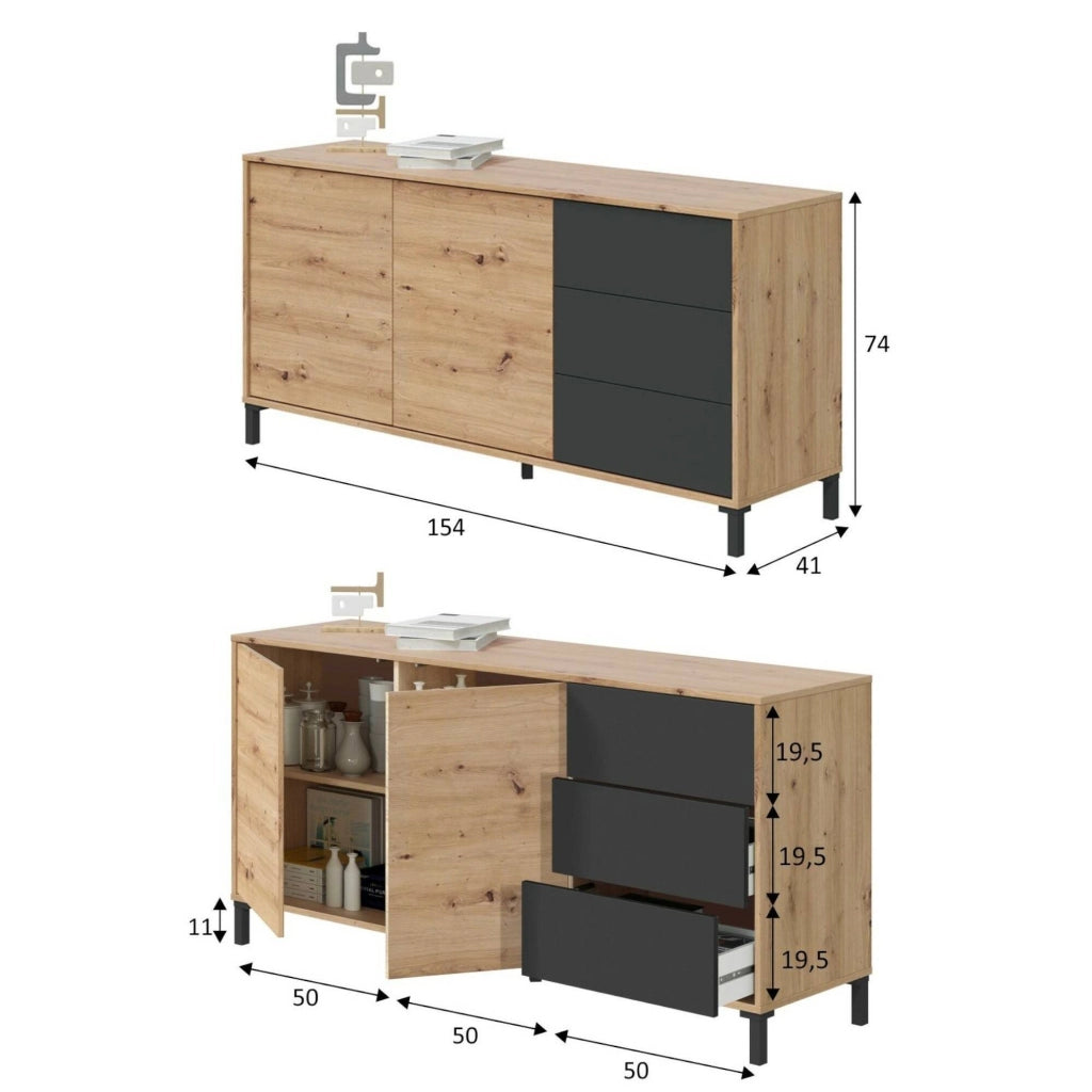 Madia Ardelia, Credenza 2 Ripiani, 154x41x75h cm Marrone Rovere Nodi