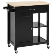 Carrello Cucina in Legno con Cassetto, Armadietto e 2 Ripiani Aperti, 2 Ruote con Freno, 83x45x88 cm, Nero