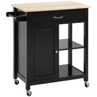 Carrello Cucina in Legno con Cassetto, Armadietto e 2 Ripiani Aperti, 2 Ruote con Freno, 83x45x88 cm, Nero