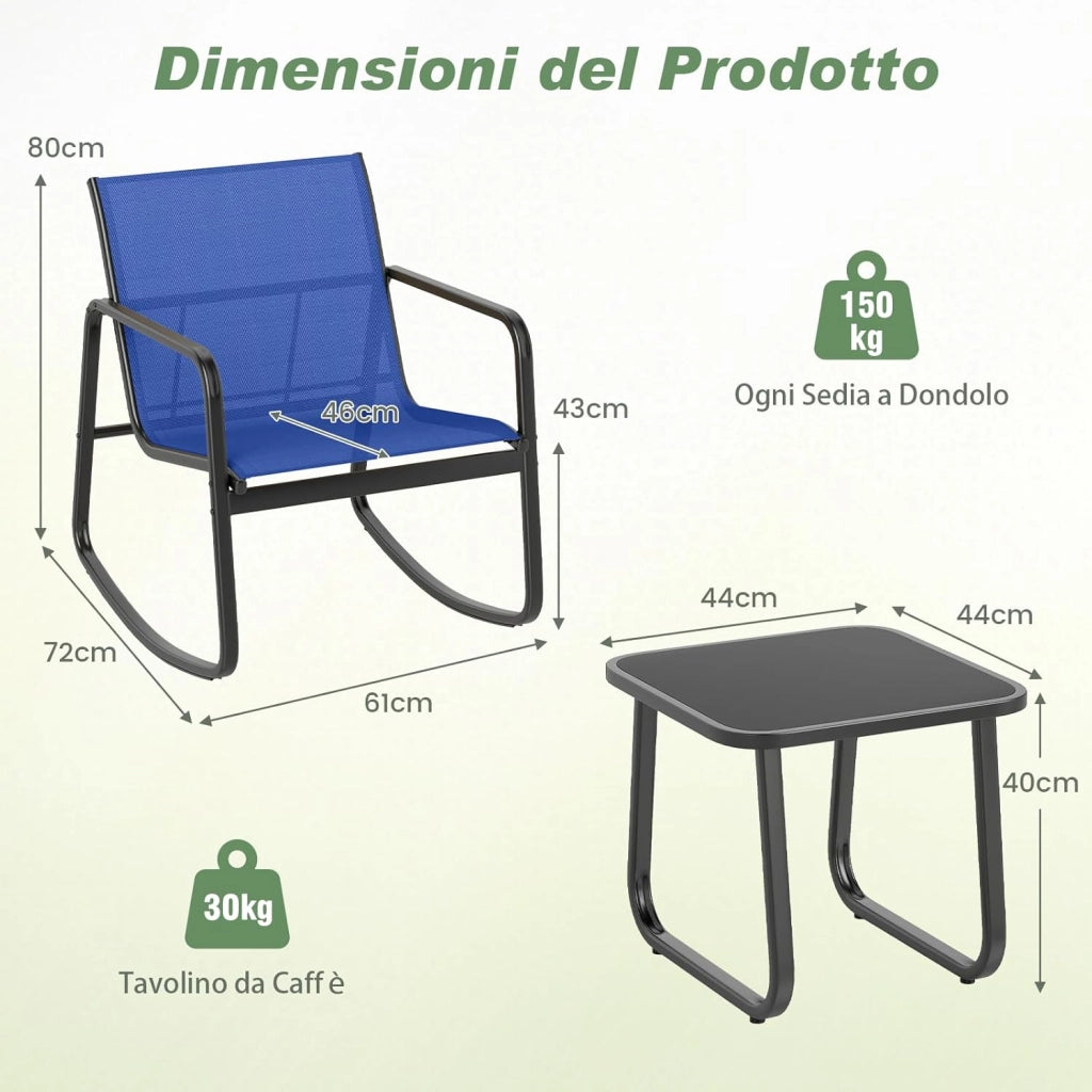 Set Bistrò 3 Pezzi, Sedie a Dondolo Ergonomiche in Textilene, Tavolino in Vetro Temperato, Struttura in Metallo, per Balcone, Giardino e Terrazzo (Blu)