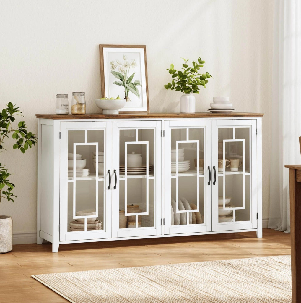 Credenza cucina 160 cm con ante in vetro; struttura in MDF bianco; design moderno