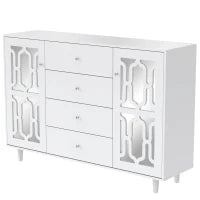 Credenza Specchiata con Maniglie a Cristallo,2 ante con ripiani mobili interni e 4 cassetti centrali,Bianco