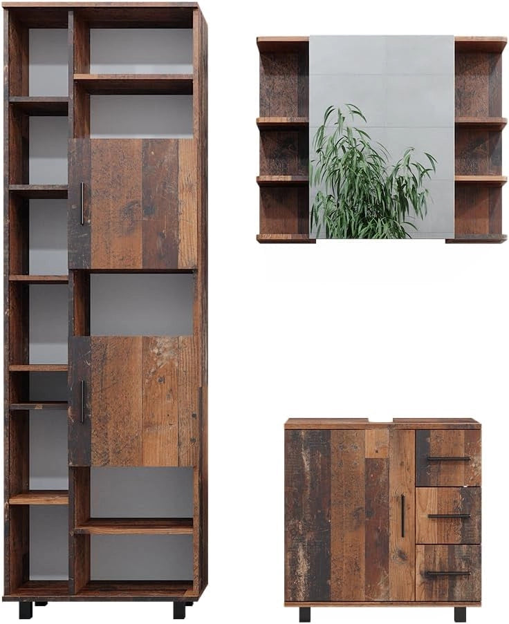 Set di mobili da bagno Ilias, Rovere rustico, 60 cm, composto da mobile sottolavabo, specchiera e colonna alta