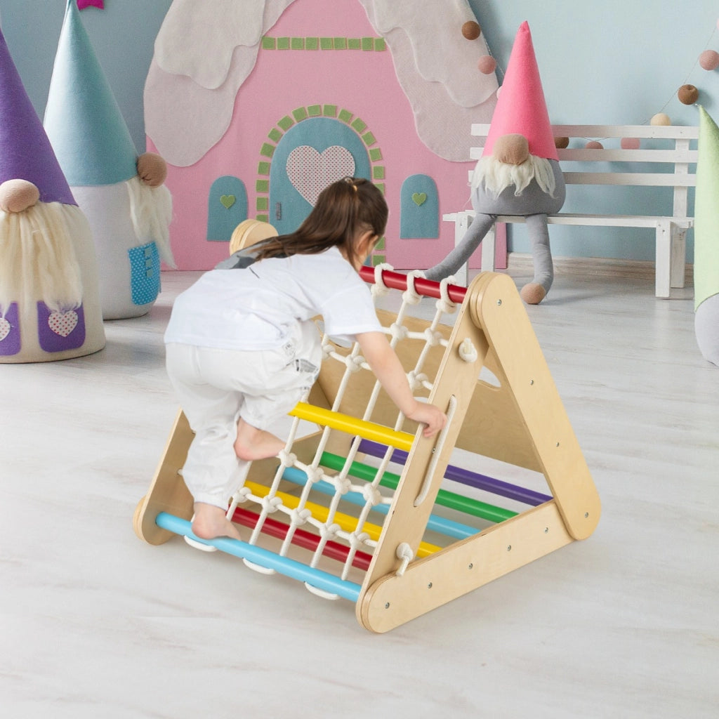 Arrampicata in legno per bambini 4-in-1 con scivolo, Arrampicata a triangolo per interni con rete Colorato-Arrampicate e scivoli