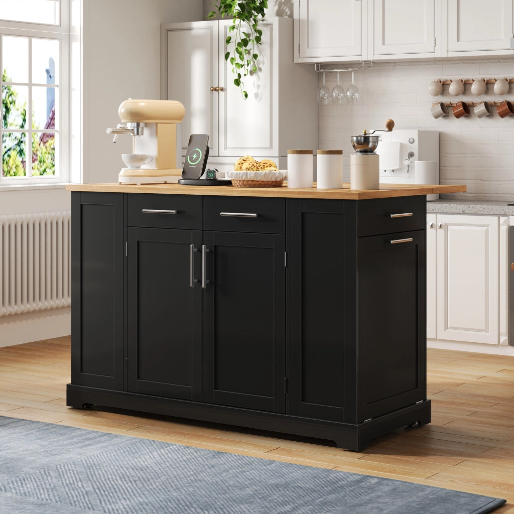 Carrello da cucina con piano ribaltabile; prese elettriche e vano rifiuti estraibile per cucina; nero; 138×86×92 cm