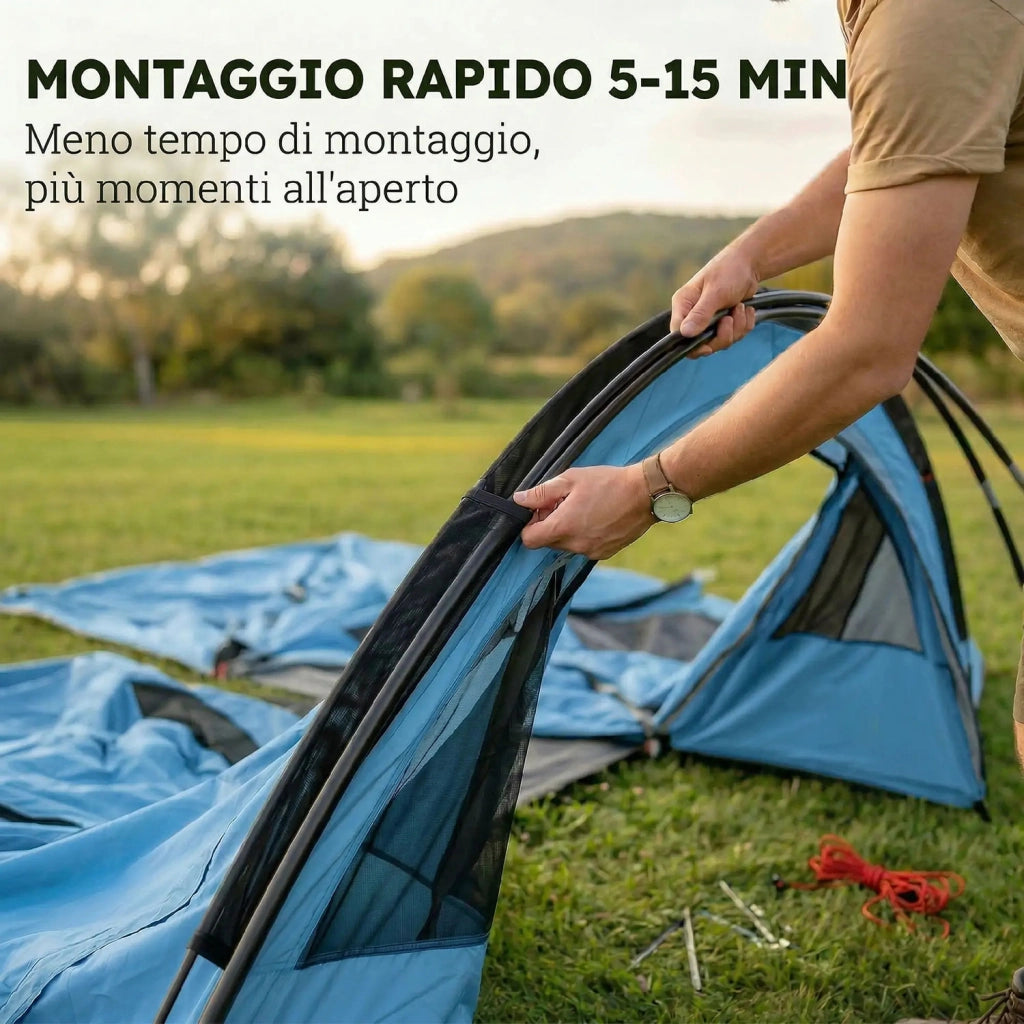 Tenda Campeggio a Tunnel per 2-4 Persone 565x370x200 cm con 2 Stanze Impermeabile 3000mm per Trekking Azzurro