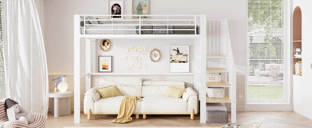 DESMIU Letto a soppalco letto singolo 90 × 200 cm 1 posto con scala e vano contenitore, senza materasso, bianco