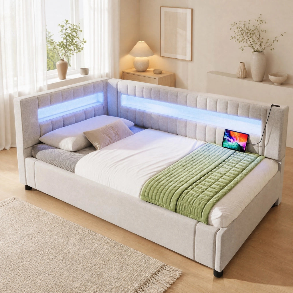 Letto a scomparsa con LED, porte USB e contenitore idraulico 90x200 cm beige