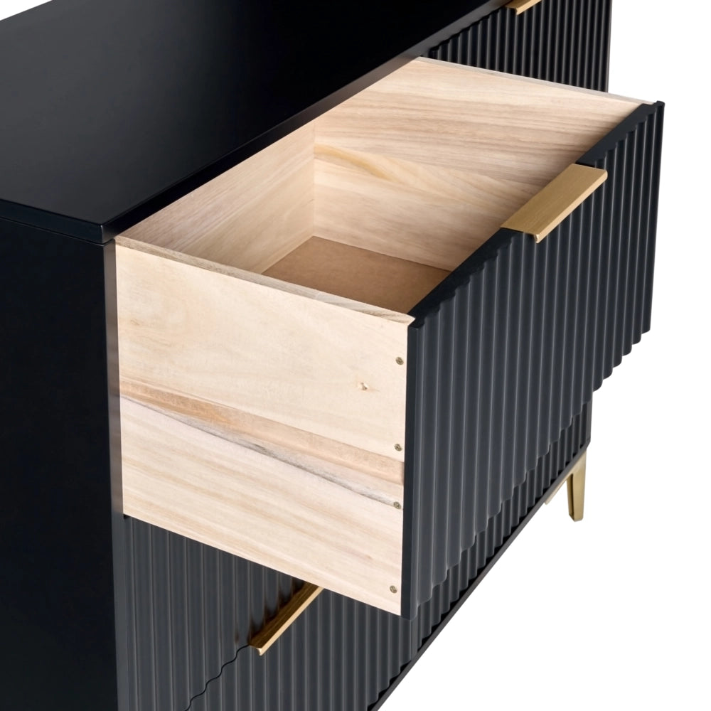 Cassettiera nero MDF 6 Cassetti Gambe in Metallo Maniglie Fronti Scanalati Design Moderno Camera da Letto Soggiorno