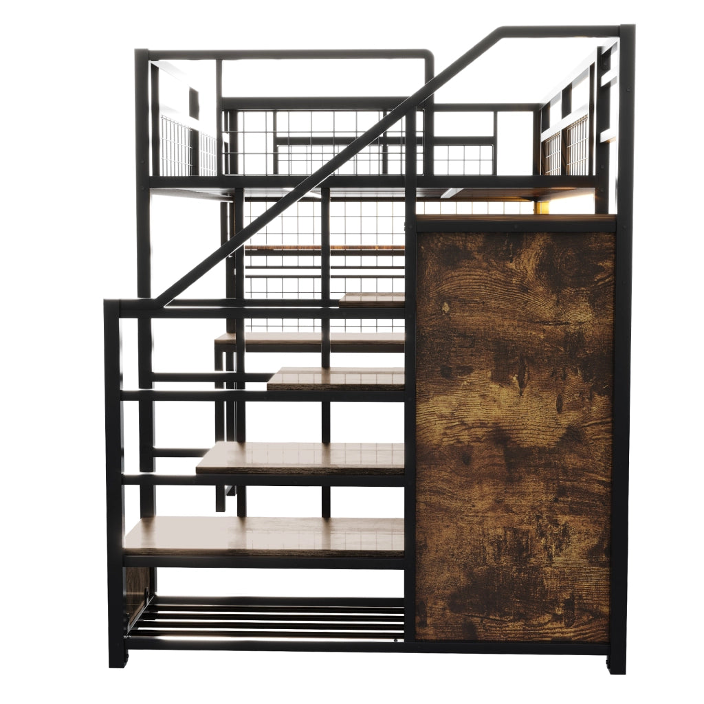 Letto a soppalco 140 × 200 cm con scrivania, scaffale, armadio, luci LED e prese, senza materasso, nero