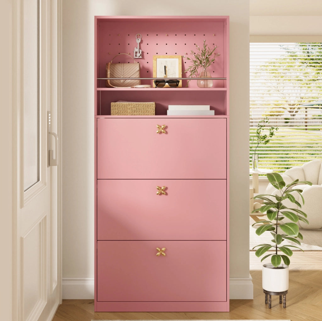 Scarpiera alta con scomparti a ribalta; ripiano aperto e pannello forato; 80×24×178;5 cm; rosa