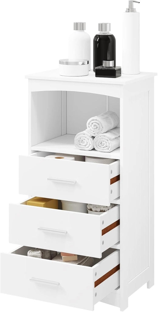 Mobile da Bagno Autoportante 3 Cassetti, Cassettiera con 1 Piano e 1 Scomparto a Giorno, Maniglie Argentate, per Ingresso, Soggiorno, Camera da Letto, in MDF, 40x26,5x80cm, Bianco