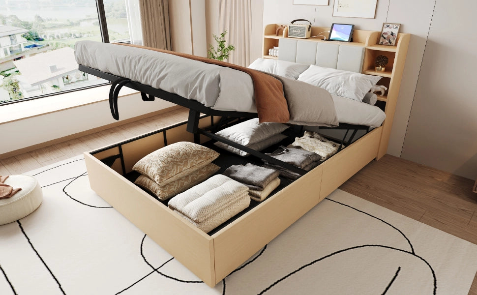 DESMIU Letto matrimoniale 140 × 200 cm 2 posti con contenitore idraulico, USB e Type-C, senza materasso, in MDF, naturale