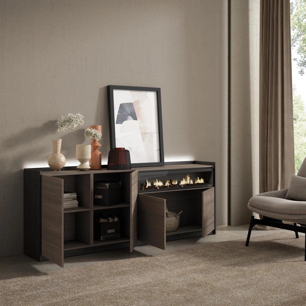 Credenza, Mobile, Cucina, 207x80x37 cm, 4 Porte, Camino elettrico, LED, Rovere scuro e Nero