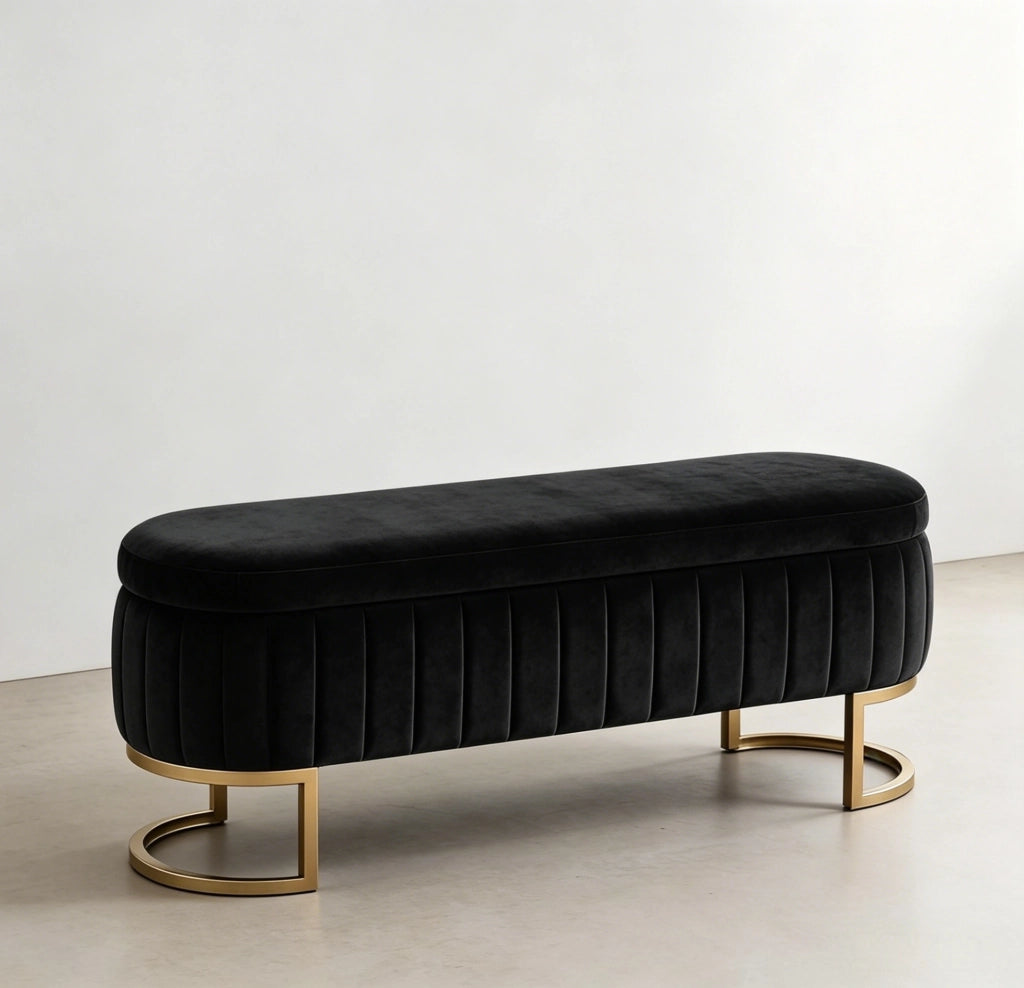 Panca contenitore in velluto nero 130 cm con piedi dorati