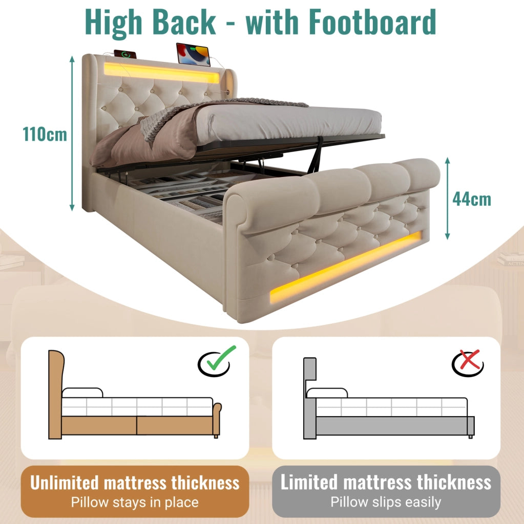 Letto singolo contenitore 90x200 cm in velluto beige con LED e USB-C