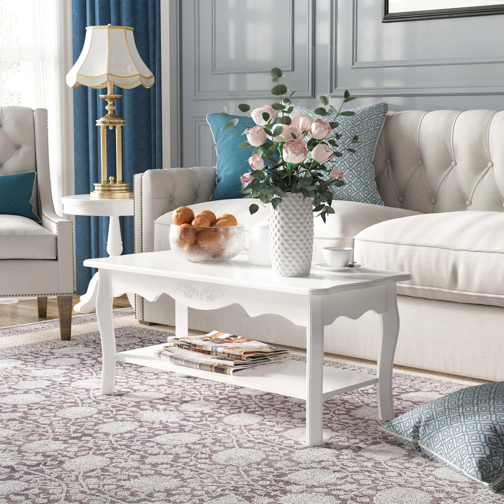 EasyComfort Tavolino da Salotto con Ampio Ripiano Portaoggetti Inferiore in Legno, 94x44x43cm, Bianco