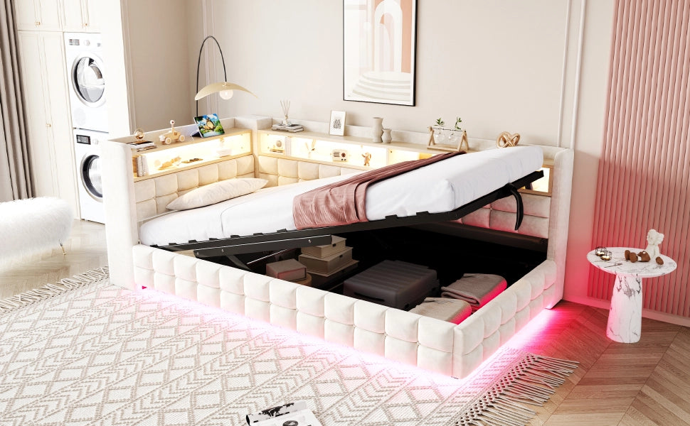 Divano letto in velluto con contenitore idraulico, LED e USB-C, 90x200 cm, beige