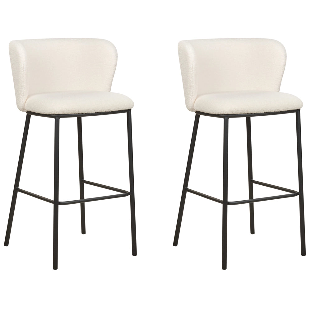 Set di 2 sedie da bar Rivestimento in bouclé bianco Gambe in metallo nero Sgabelli senza braccioli Schienale curvo Sala da pranzo moderna Cucina