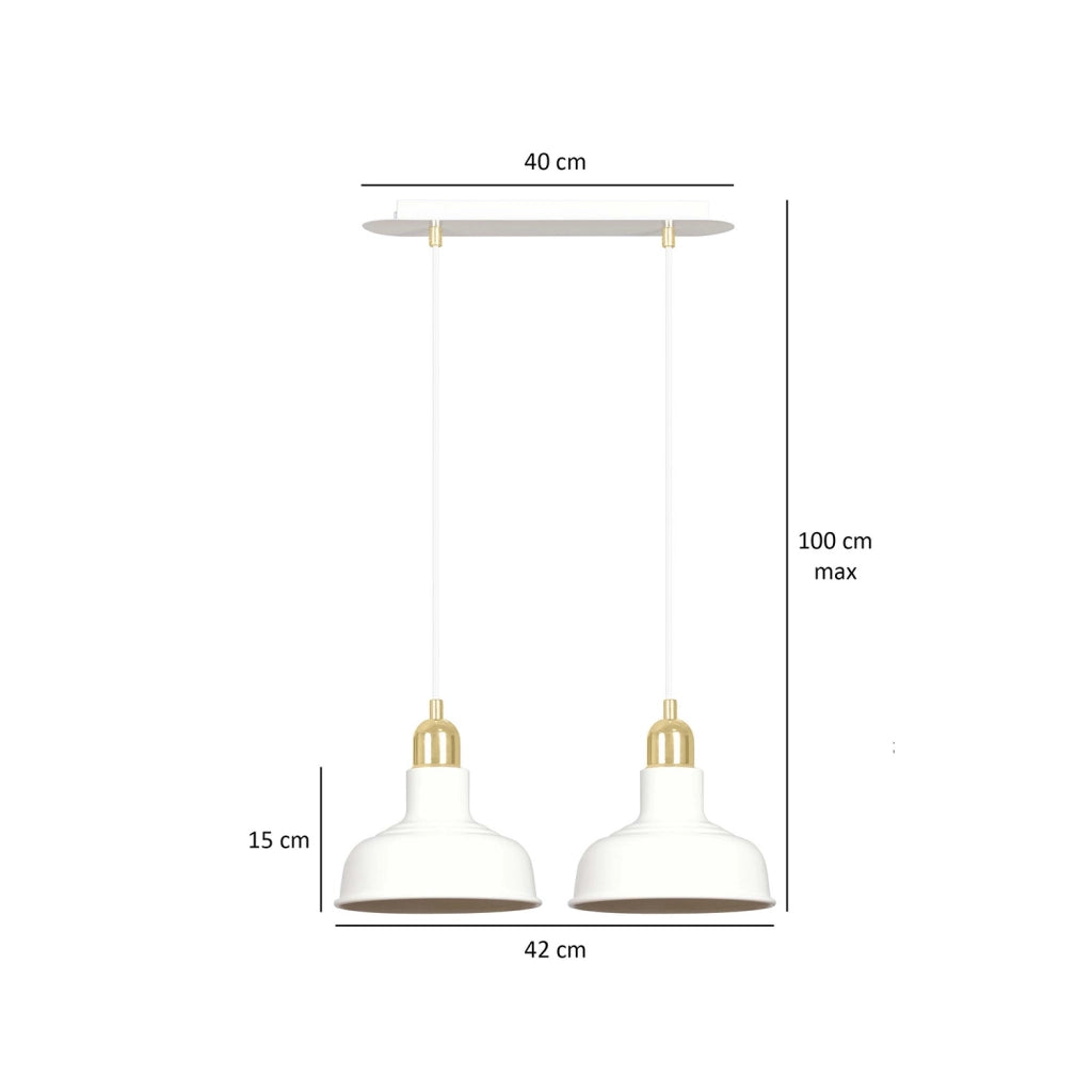 Lampadario Industrial 2 Luci Kubera In Acciaio Bianco Con Elementi In Oro