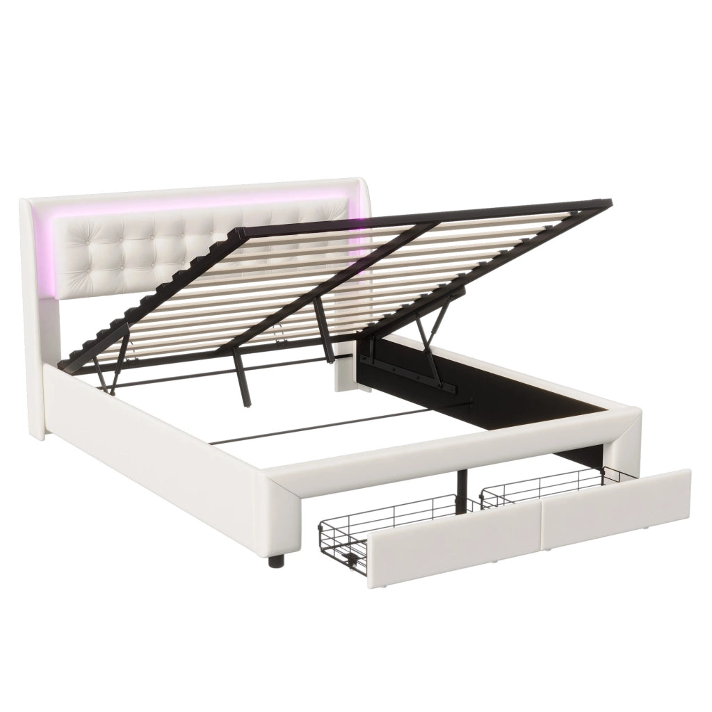 Letto imbottito beige con cassetto contenitore e luce LED; 200x140x42 cm