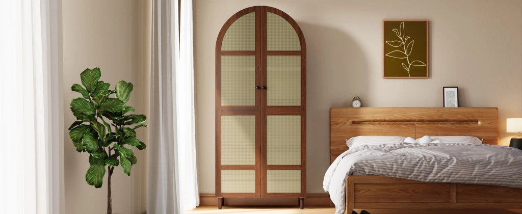 Armadio con ante curve e inserto in rattan, 1 asta appendiabiti, cassetti, per ingresso e camera, 80 × 50 × 179 cm