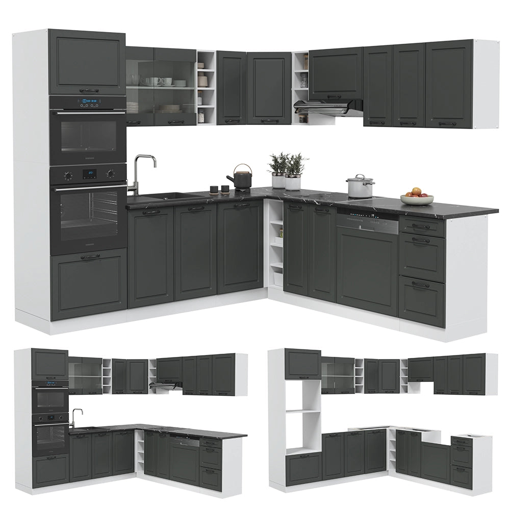 Cucina angolare completa R-Line Antracite rustico/Bianco 247 x 237 cm, PL Rovere Vicco