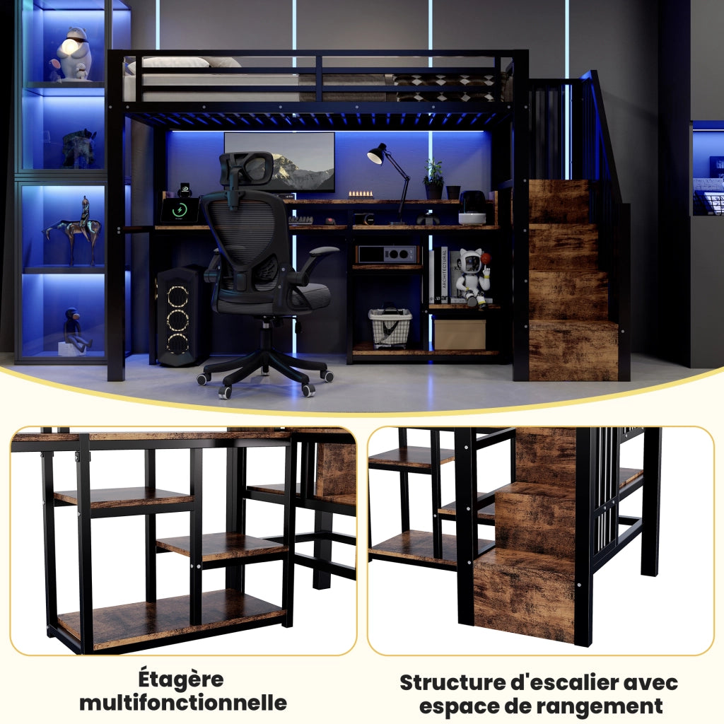 Letto a soppalco in metallo 90x200 cm, letto alto per bambini e ragazzi con scala contenitore, prese USB/Type-C, ripiano e illuminazione LED, nero
