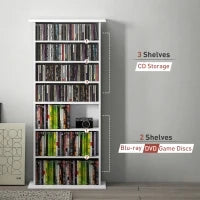 Scaffale Porta CD con 6 Ripiani Regolabili, Capacità di 360 CD/185 DVD, 58x24x124.5 cm, Bianco